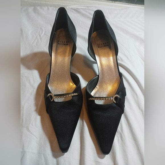 Stuart Weitzman Black Satin Pointed Toe Heels Size 9 - Picture 1 of 9